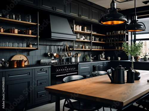 Black-themed spacious kitchen showcasing elegant furniture. AI Generation.