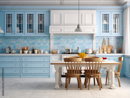 Inviting big blue kitchen showcasing thoughtful interior. AI Generation.