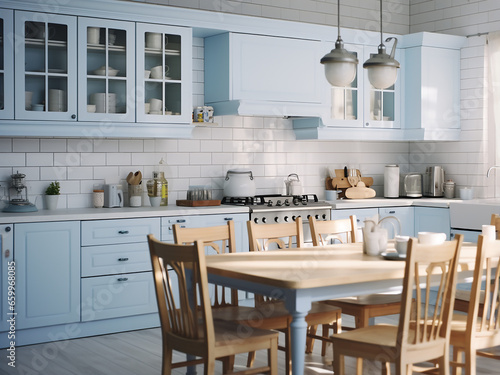 Aesthetically pleasing big blue kitchen with elegant design. AI Generation.