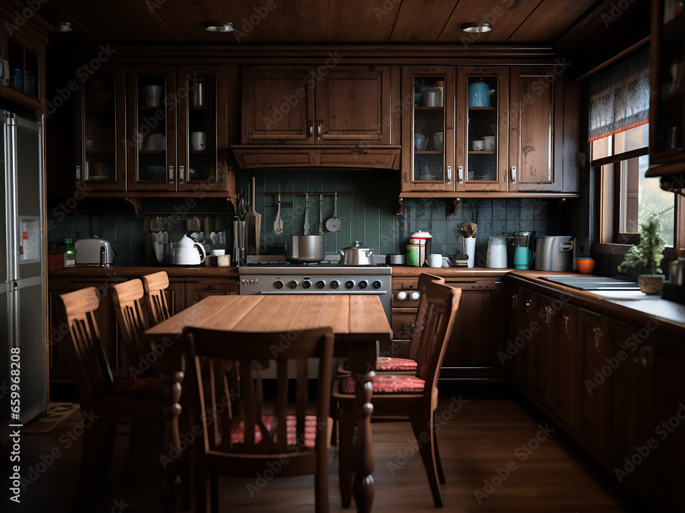 A big, dimly lit kitchen in dark wood, furnished with elegance. AI Generation. A big, dimly lit kitchen in dark wood, furnished with elegance. AI Generation.
