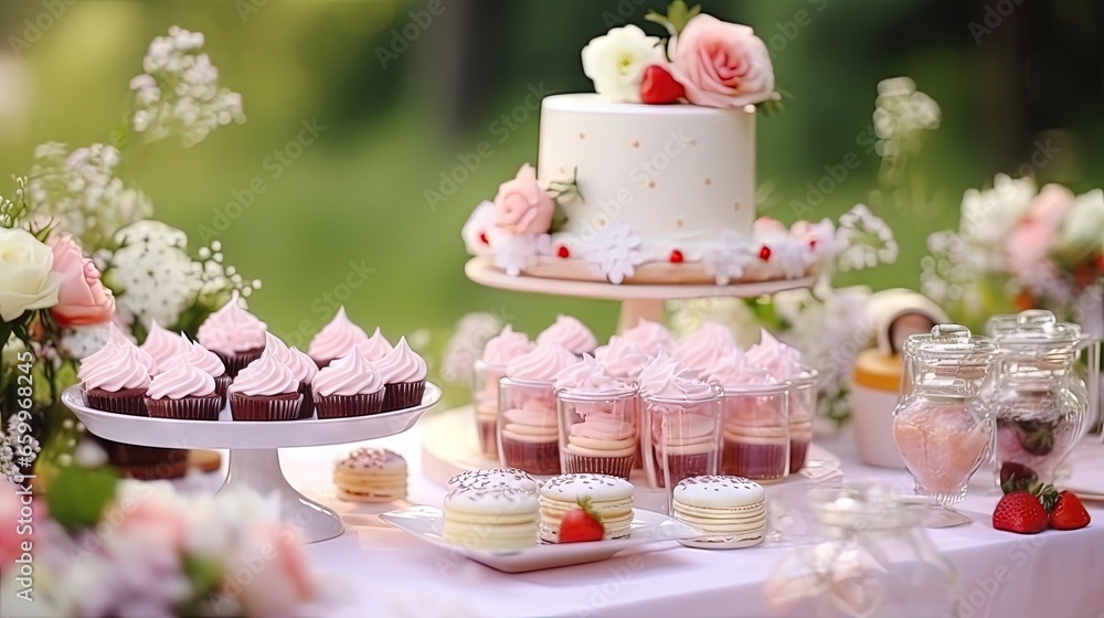 Candy bar. White wedding cake decorated by flowers standing of festive table with deserts, strawberry tartlet and cupcakes. Wedding. Reception Tartlets