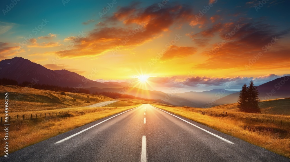 Fototapeta premium Empty long mountain road to the horizon on a sunny summer day at bright sunset