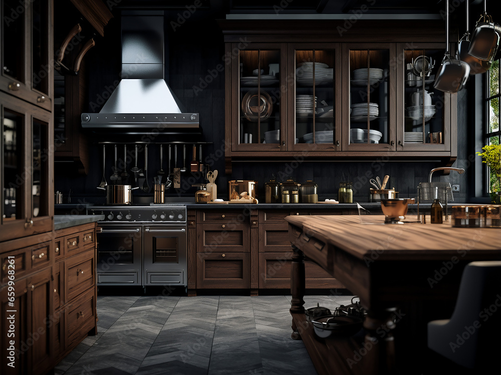 Extensive kitchen in dark wood, spacious interior, well-designed furniture. AI Generation. Extensive kitchen in dark wood, spacious interior, well-designed furniture. AI Generation.