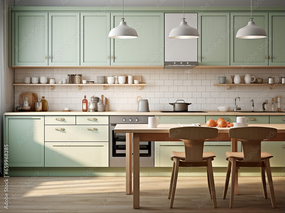 A large green kitchen with elegant furniture design. AI Generation.