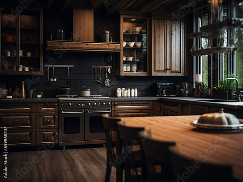 Large dim wood kitchen, spacious interior, furniture with exquisite design. AI Generation.