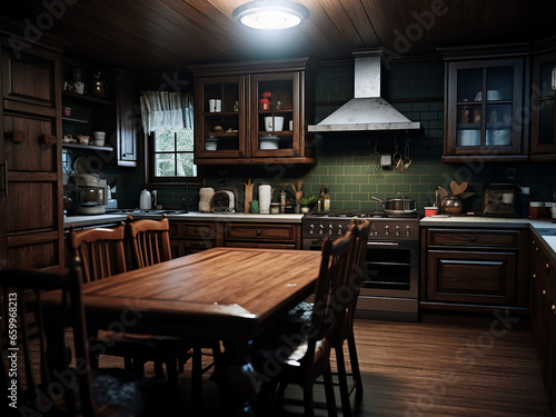 Roomy kitchen boasts dark wood, large space, chic furniture. AI Generation.