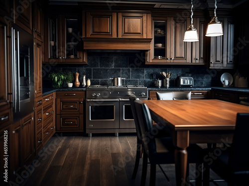 Grand dark wood kitchen  vast interior  furnishings designed beautifully. AI Generation.
