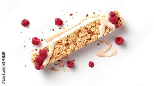 Granola energy bar composition in air cutout minimal, isolated on white background. Vegan health vitamin snack. Fitness composition for grocery product package. Grain granola with seeds, protein, cran photo