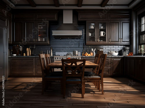 Roomy dark wood kitchen, spacious interior, furniture designed elegantly. AI Generation.