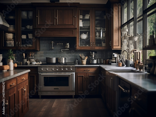 Wallpaper Mural Dimly lit, big dark wood kitchen complemented by stylish furniture. AI Generation. Torontodigital.ca
