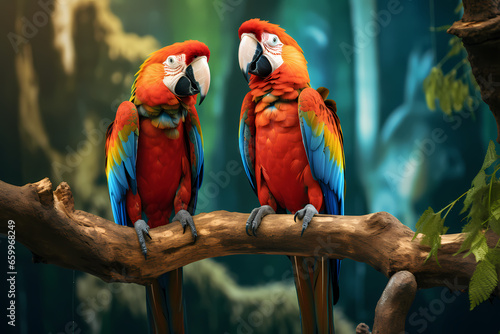 focused shot of two macaws sitting together on a branch. Generative AI © Hamza