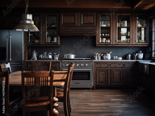 Expansive dim wood kitchen with stylish furniture, meticulous interior design. AI Generation. © Llama-World-studio