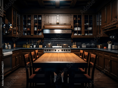Vast dark wood kitchen, roomy space, furniture designed with finesse. AI Generation.