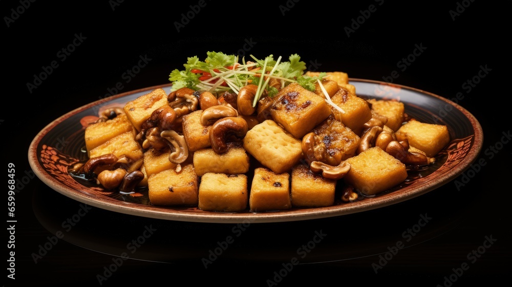 Chinese vegetarian food. fried tofu with mushroom and Chinese mustard Chinese vegetarian food. fried tofu with mushroom and Chinese mustard