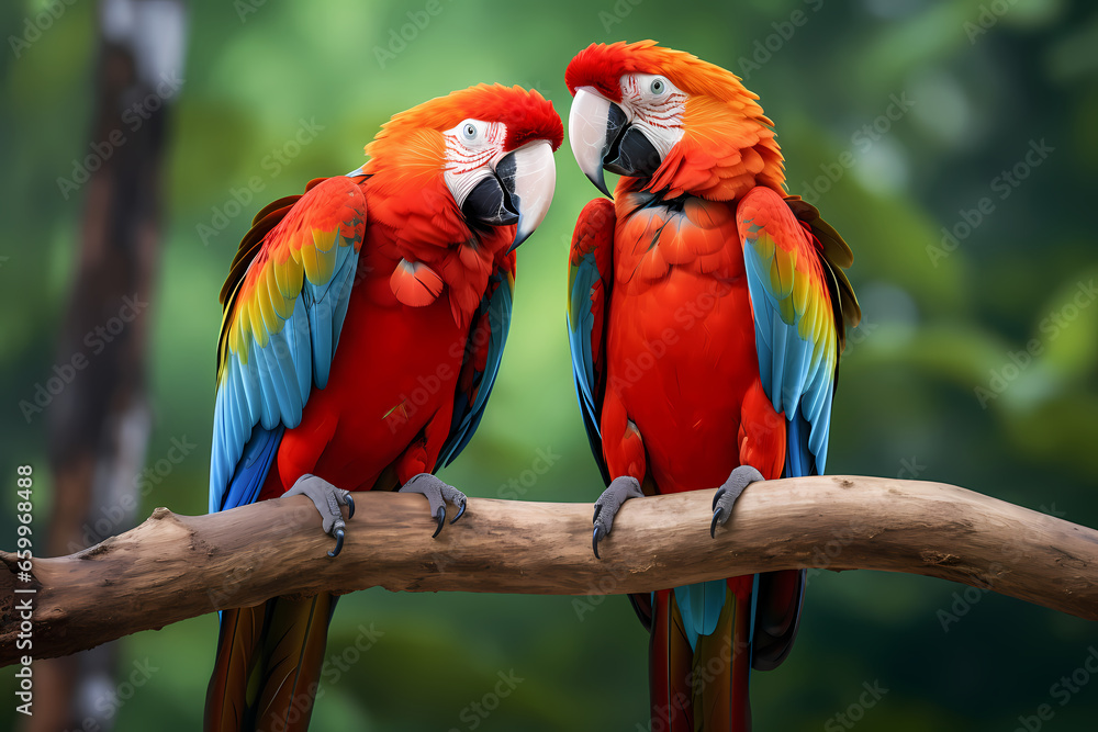 Obraz premium Pair of Macaws sitting together on a branch, wildlife photography. Generative AI