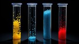 Blue, yellow, red granules of polypropylene, polyamide in a test tube and a petri dish. Black background. Plastic and polymer industry, industry. Microplastic products.