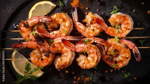 Grilled shrimps on skewers with lemon and garlic. Seafood. On a stone background.