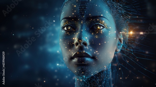 Responsive web banner design with illustration of human face made by tiny particles between glowing digital network for Artificial Intelligence (AI) deep learning concept.