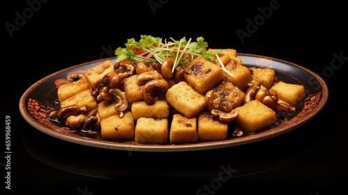 Chinese vegetarian food. fried tofu with mushroom and Chinese mustard
