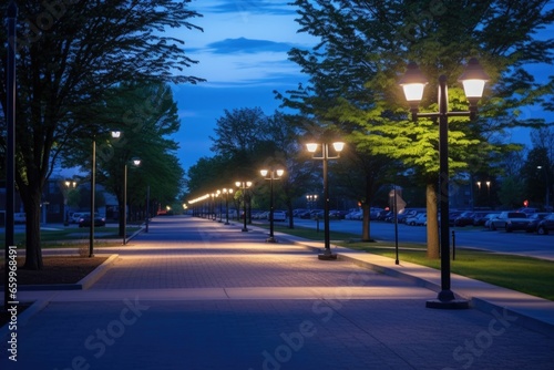 sidewalk lined with street lamps illuminating at dusk © altitudevisual