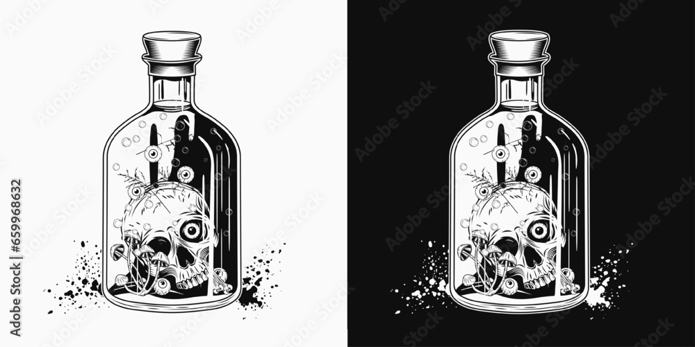 Hand drawn bottle of potion with half of human skull, eyeballs, mushrooms inside. Halloween creepy illustration in vintage style on white, black background. Not AI Hand drawn bottle of potion with half of human skull, eyeballs, mushrooms inside. Halloween creepy illustration in vintage style on white, black background. Not AI