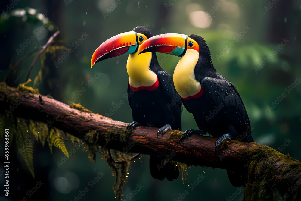 Pair of toucans sitting together on branch in the rain, wildlife photography. Generative Ai - obrazy, fototapety, plakaty 