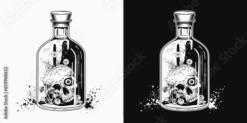 Hand drawn bottle of potion with half of human skull, eyeballs, mushrooms inside. Halloween creepy illustration in vintage style on white, black background. Not AI