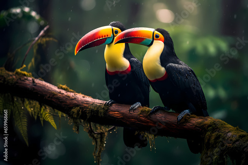 Pair of toucans sitting together on branch in the rain  wildlife photography. Generative Ai