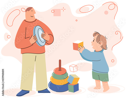 Happy father and son playing with toys together. Dad with kid spending time together at home in childrens room. Parent and child relationship, happy fatherhood and parenting. Happy family joyful time