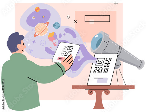 Man scanning qr code for payment via smartphone, concept of smart technology for internet and mobile cashless transaction. Quick response system electronic transfer, search for information by barcode