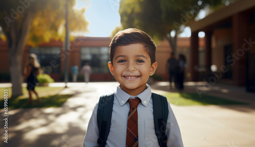 primary school student with a backpack on the street