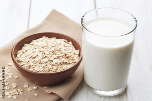 a bowl of oats near a glass of milk