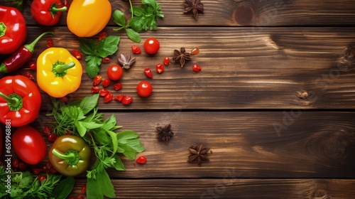 ingredients for cooking vegetarian food, tomatoes, butter, herbs, colorful peppers on wooden rustic background top view border, place for text