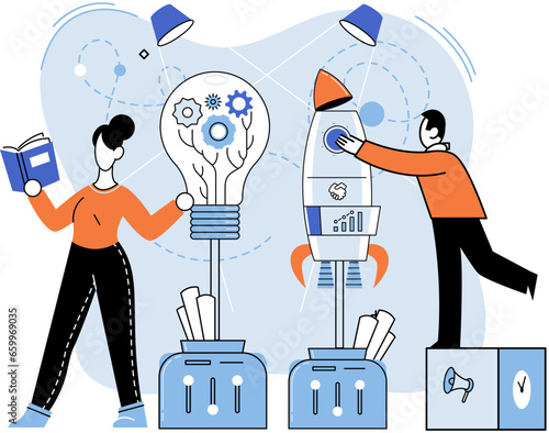 Startup project, creative new idea business concept. Team of startup founders launching new plan scene. Innovation solution development. People solving complex problems, characters in work situation