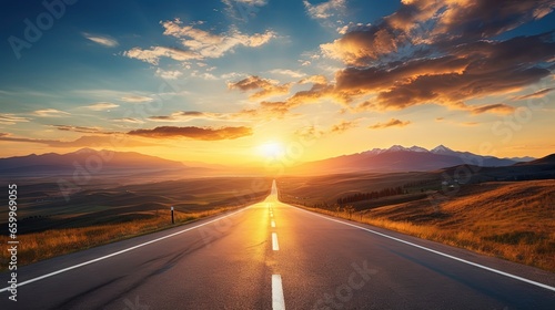 Empty long mountain road to the horizon on a sunny summer day at bright sunset