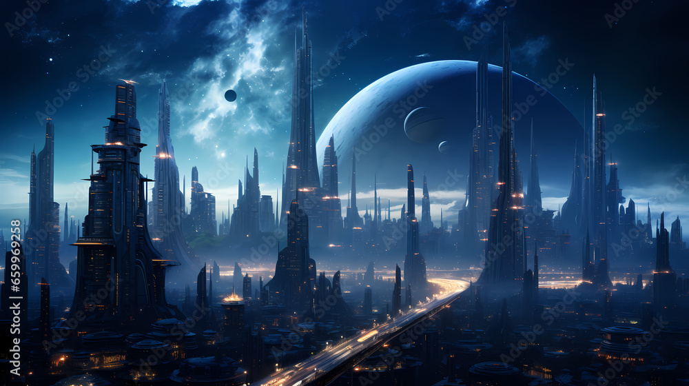 Futuristic cities skyline in the night time, sci-fy style. Generative AI Futuristic cities skyline in the night time, sci-fy style. Generative AI