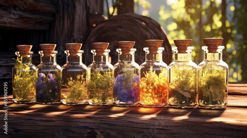 Bottles of tincture or infusion of healthy medicinal herbs and healing plants on wooden table. Herbal medicine. photo
