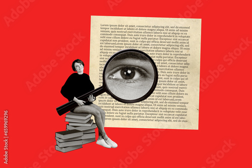 Creatve collage banner poster of lady hold magnifying glass reading book from bookstore buy on black friday bargain photo