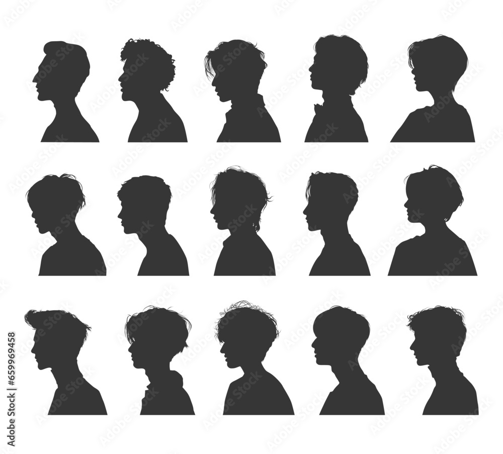vector package set of male head silhouettes, side view. Silhouettes of people. silhouette of a man's face