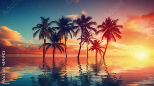 Silhouette coconut palm trees on beach at sunset. Vintage tone. © HN Works