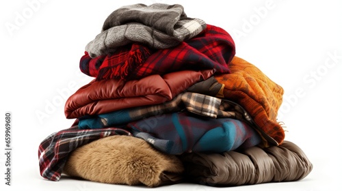 Stack of winter clothes isolated on white background.