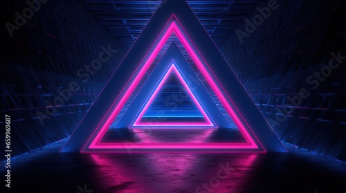 Neon pink frame on dark scene with neon blue and pink triangles around © HN Works