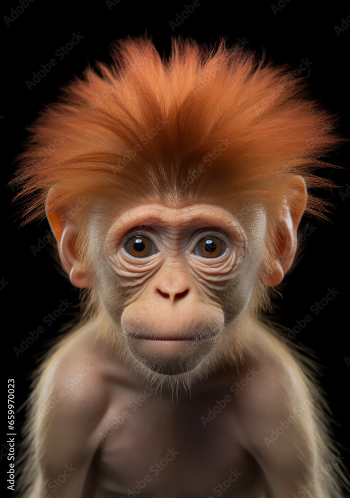 Fototapeta premium Wildlife Portrait of a Monkey with Striking and Comical Orange Hair - Celebrating the Quirks of Nature. Generative AI.