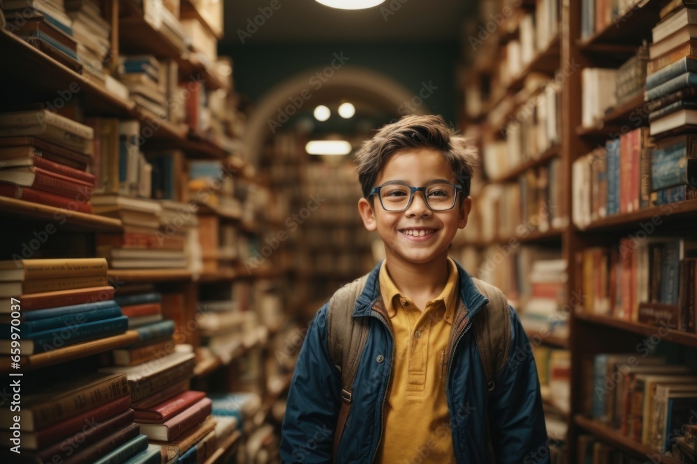 A boy smiles brightly in a study room full of books. A boy smiles brightly in a study room full of books.