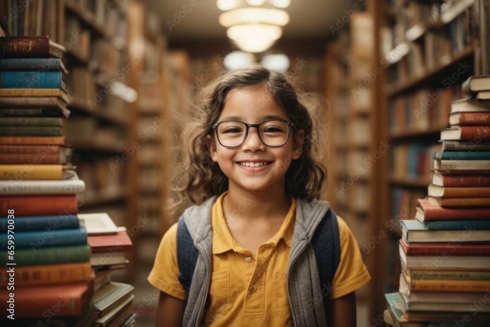 A young girl smiles brightly in a study room full of books. A young girl smiles brightly in a study room full of books.