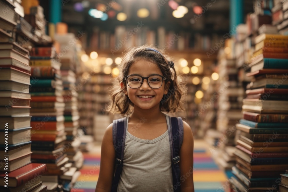 A young girl smiles brightly in a study room full of books. A young girl smiles brightly in a study room full of books.