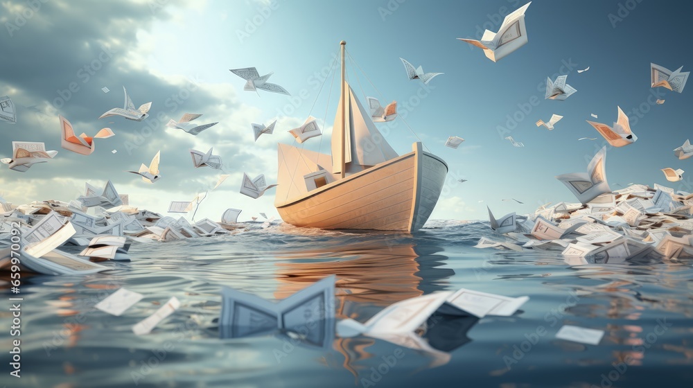 Business decision problem and inefficient strategy concept as a paper boat being lifted and drowned simultaneously as a financial indecision icon with 3D illustration elements. - obrazy, fototapety, plakaty 