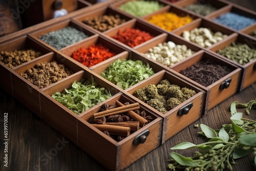 herbal tea assortment in small wooden boxes © altitudevisual