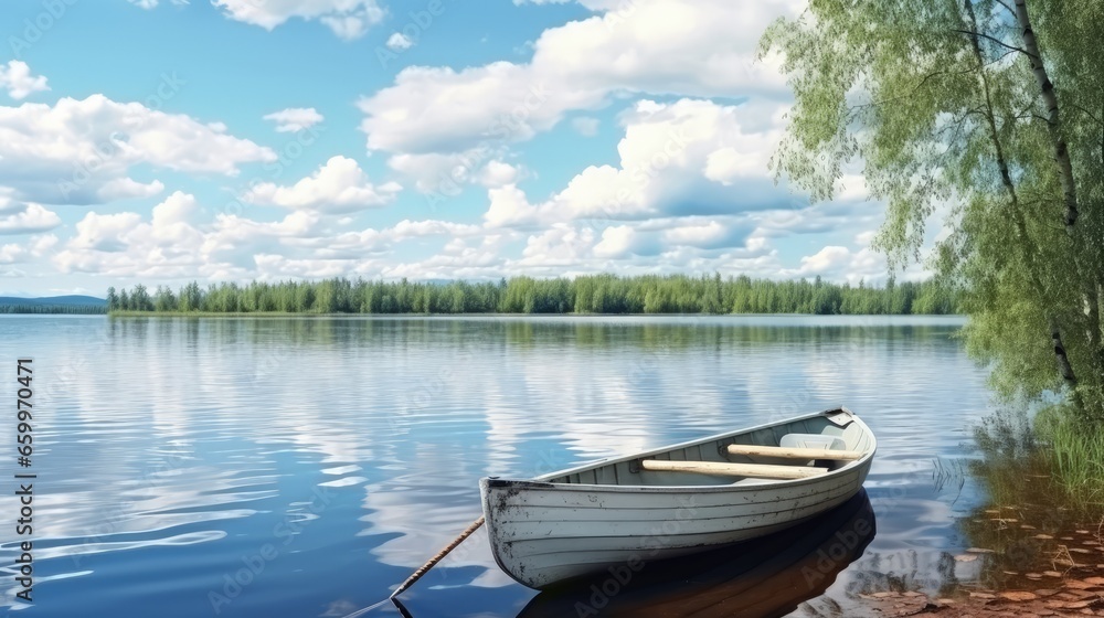 The beautiful landscape of a white simple wooden boat tied to a birch tree on the lake somewhere in the depths of Finland. Good summer day in nature. Concept vacation on the lake. Banner.