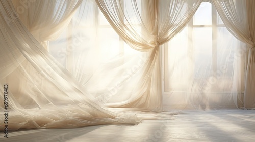 transparent curtain on the window, gently moved by the wind. sunlight. sun's rays shine through the transparent tulle photo